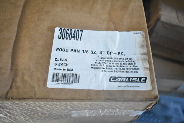 Cardboard box with label stating "Carlisle Food Pan, 1/6 SZ, 4" DP-PC, Clear, 6 Each, Made in USA." Warning mentions exposure to chemicals.