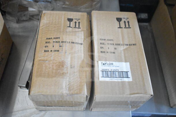 Boxes labeled "Item#: 3509FS" contain Taylor freezer guides, 6 units each, made in China. Visible handling symbols and barcode.