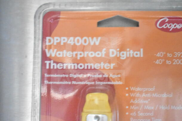 Cooper DPP400W Waterproof Digital Thermometer packaging. Temperature range: -40° to 392°F. Includes antimicrobial additive.