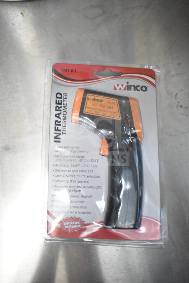 Packaged Winco TMT-IF1 infrared thermometer, range -26°F to 608°F, accuracy ±3.6°F, with laser pointer and batteries.