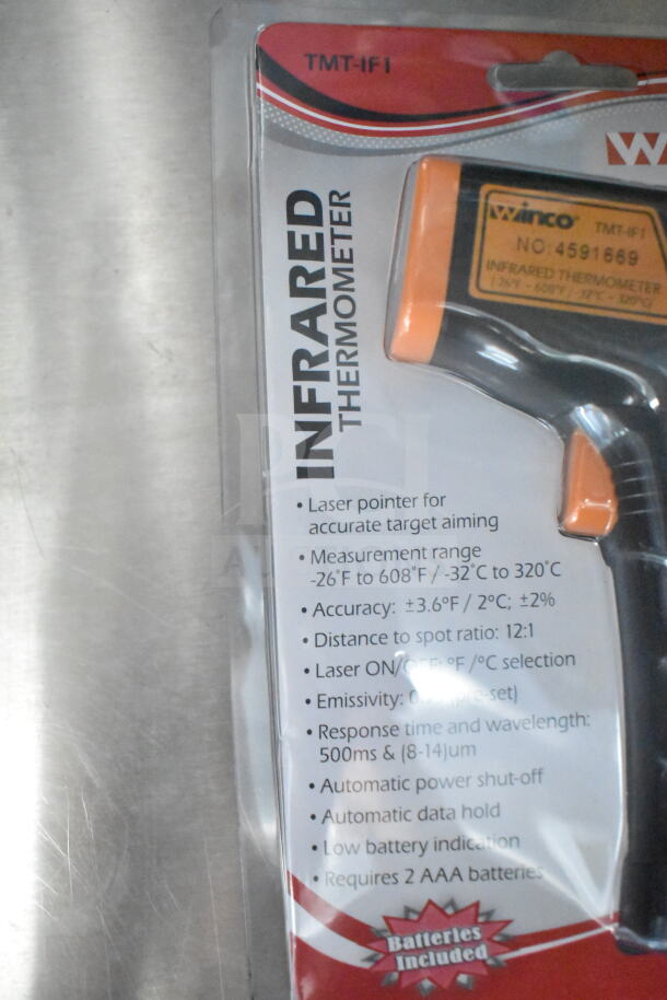 Infrared thermometer in packaging, model TMT-IF1 by Winco. Features laser pointer, -26°F to 608°F range, and accuracy of ±3.6°F.