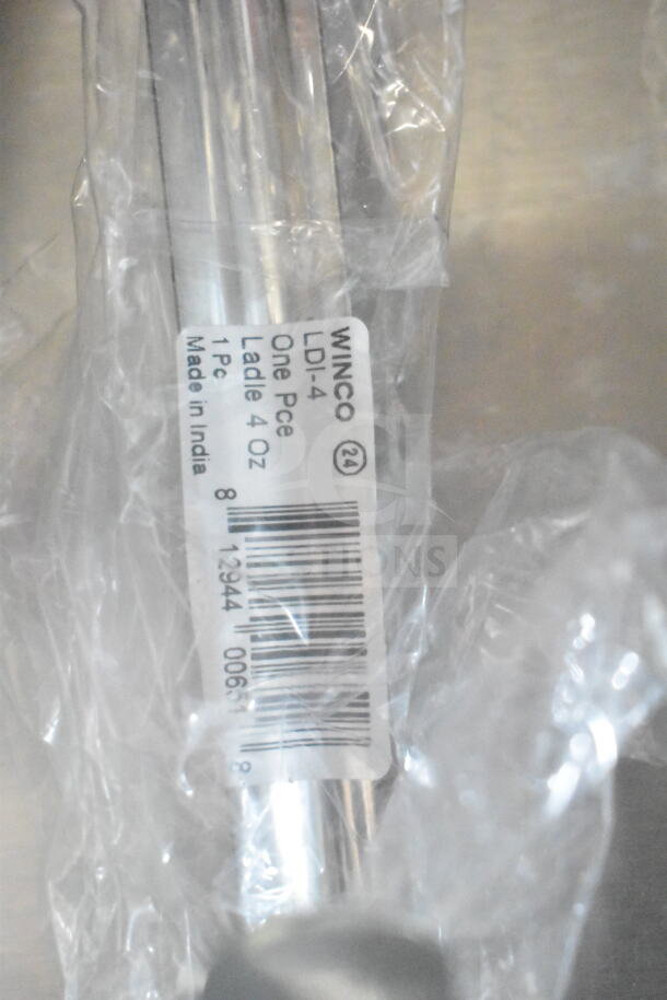 Winco LDI-4 stainless steel ladle, 4 oz, labeled "Made in India," sealed in clear packaging.