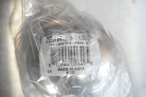 Plastic-wrapped Winco ladle with label "2 oz Ladle, One-piece, Stainless Steel, Made in India."