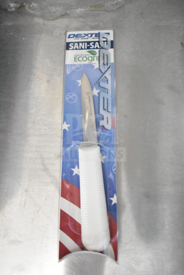 Dexter Sani-Safe knife in packaging with white handle, featuring EcoGrip label.