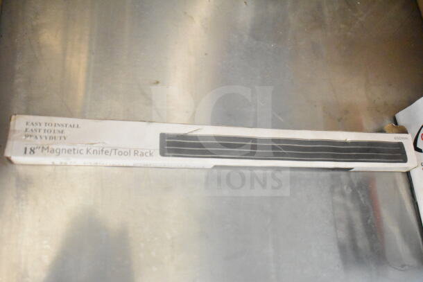 18" Magnetic Knife/Tool Rack in original packaging, labeled as easy to install and heavyweight.