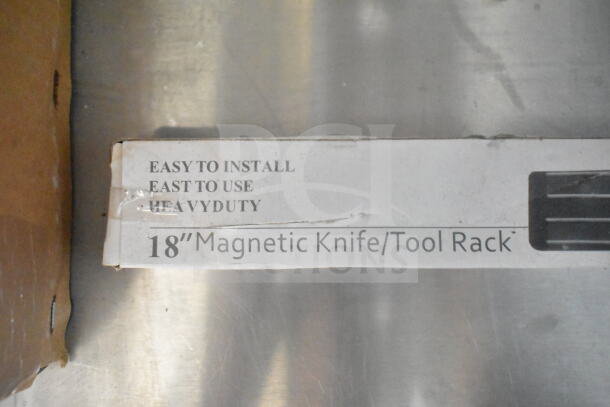 Close-up of an 18" magnetic knife/tool rack package, labeled as easy to install, heavy-duty.