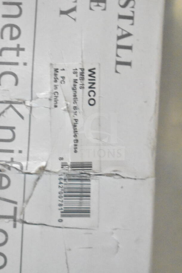 The image shows a Winco PMB-18 magnetic bar label on slightly damaged packaging, marked "Made in China."