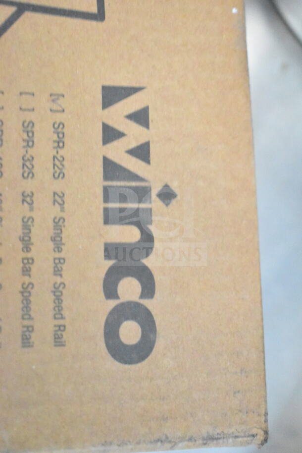 Cardboard packaging marked with "Winco" and "SPR-22S 22” Single Bar Speed Rail." Visible text on the side.
