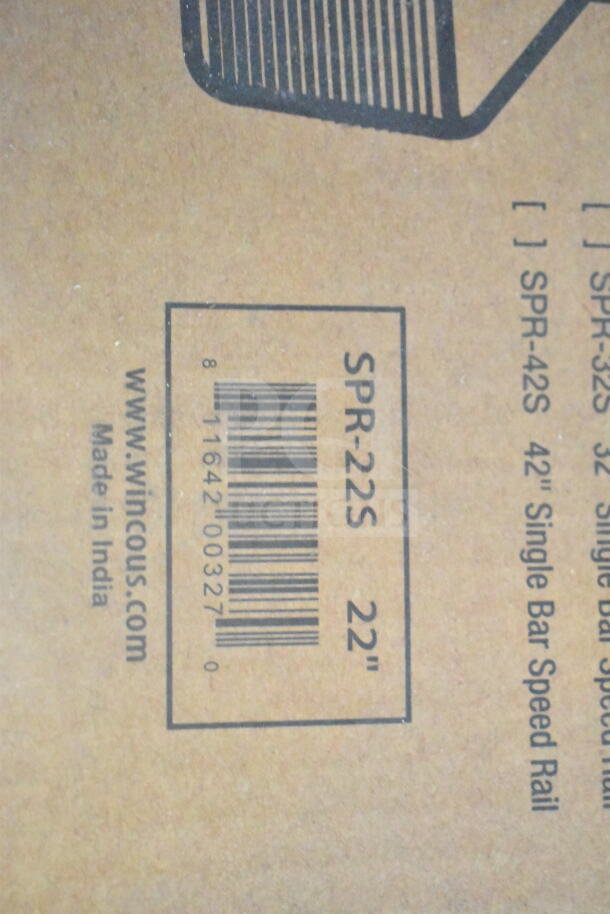 Brown packaging with barcode and text "SPR-22S 22" Single Bar Speed Rail," made by Winco, made in India.