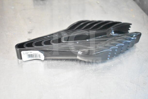 Black 6" salad tongs with label showing barcode and item details on a reflective surface.