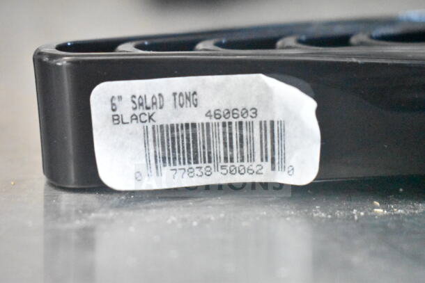 Black 6" salad tong with a white label showing a barcode and text indicating the size and color.