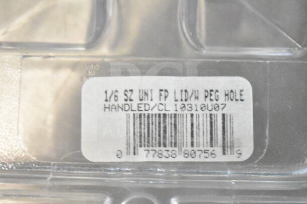 Barcode on a product with the label reading "1/6 SZ UNI FP LID/W PEG HOLE HANDLED/CL 10310U07."