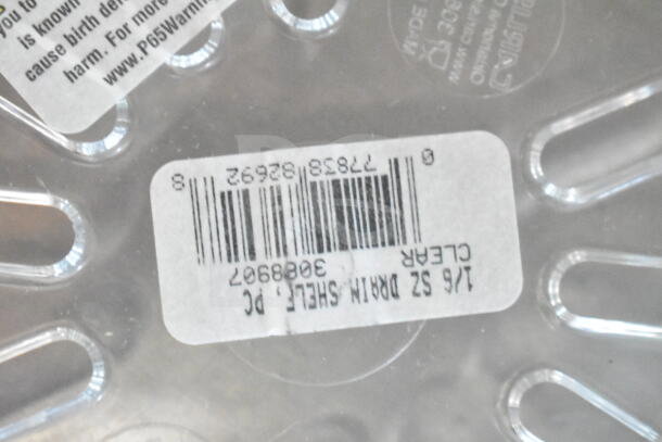 Barcode label on clear plastic container, showing text and a barcode with numbers.