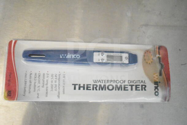 Winco waterproof digital thermometer in packaging, features stainless steel probe, temperature range -50°C to 200°C, LCD screen.