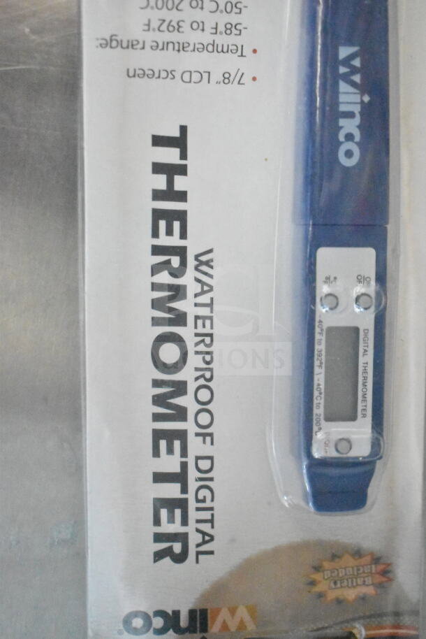 Packaging of a Winco waterproof digital thermometer, featuring a 1/8" LCD screen and temperature range of -40°C to 200°C.