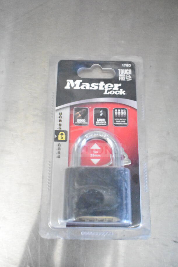 Master Lock 178D in packaging, featuring 1-inch shackle, good cut/weather resistance, and resettable combination.