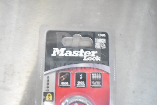Master Lock package, model 178D, features good cut resistance, weather resistance, resettable combination, and fire toughness.