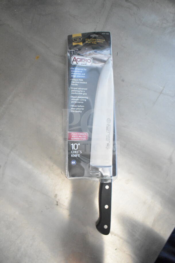 Acero 10" Chef's Knife in packaging, features German steel, POM handle, advanced grip, and rapid sharpening.