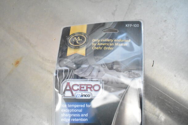 Packaging for Acero by Winco knife, endorsed by American Master Chefs Order, features ice-tempered sharpness.