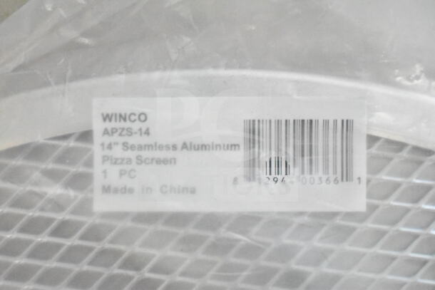 14" Winco seamless aluminum pizza screen, model APZS-14, made in China. Barcode with product info visible.
