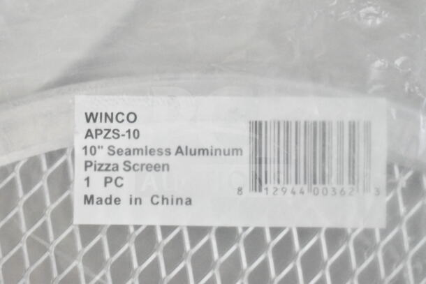 Label on Winco APZS-10, 10" seamless aluminum pizza screen, Made in China. Bar code visible.