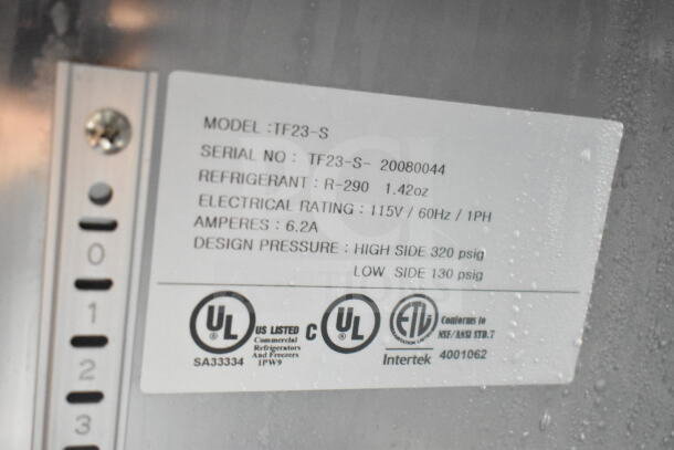 Label with model TF23-S, serial TF23-S-20080044, refrigerant R-290, electrical rating 115V/60Hz/1Ph, and 6.2A. UL and ETL listed.