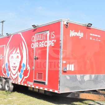 2021 Rock Solid Cargo 8.5'x28' food trailer with red Wendy's branding, dual axles, and exterior in good condition. VIN 7H2BE2831MD037369.