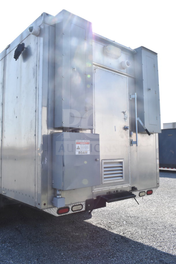 2021 Texino 8.5'x28' food trailer, metallic finish, rear door view, VIN 4B9T1EC36MM286017, exterior electrical box visible.