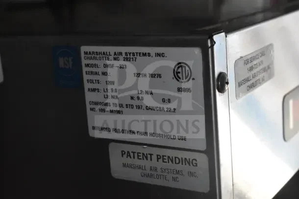 Label on Marshall Air Systems, Inc. equipment showing model DH5F-333, 120V, and patent pending status.