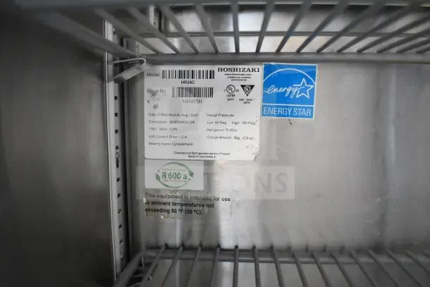 Hoshizaki HR24C commercial refrigerator label, August 2021 manufacture, compliant with Energy Star, uses refrigerant R-600a.