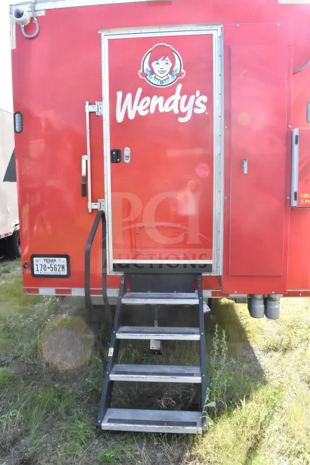 2021 Rock Solid Cargo 8.5'x28' food trailer, red with Wendy's branding, CaptiveAire hood, fire suppression, VIN 7H2BE2831MD037369.