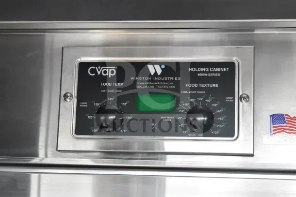 CVap 4000A-Series holding cabinet control panel, black dials for food temperature and texture, Winston Industries branding.