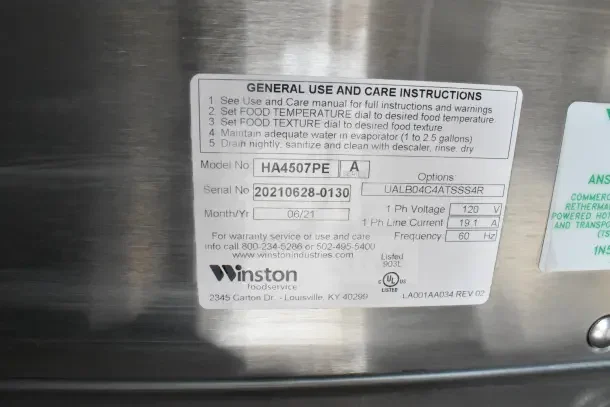 "Winston foodservice label with model HA4507PE, serial 20210628-0130, showing care instructions, voltage, and contact info."