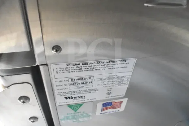 Label on Texino food trailer showing use and care instructions. Model: RTV505UVR, Serial: 20210628-0157. Made in USA.