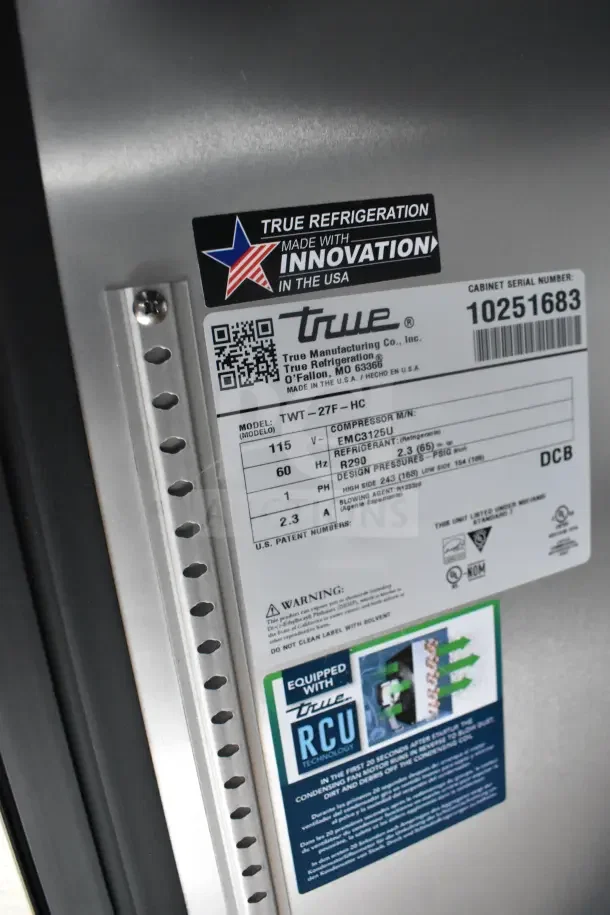 2021 Texino food trailer label showing True refrigeration details with model TWT-27F-HC, serial number 10251683.