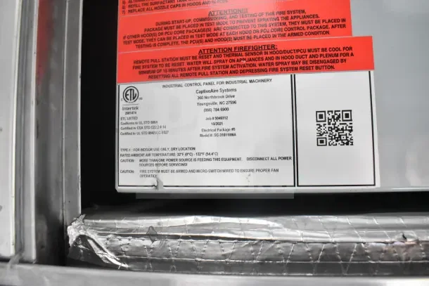 2021 Texino 8.5'x28' food trailer label showing CaptiveAire fire suppression system details and specifications.