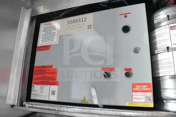 2021 Texino 8.5'x28' food trailer control panel; features CaptiveAire fire suppression system. Labels detail safety info.