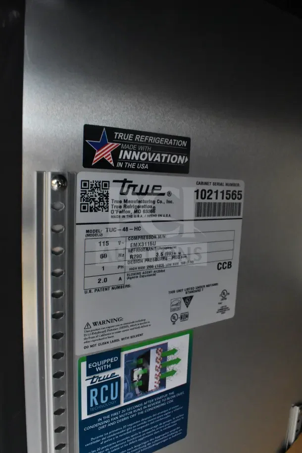 Label on a True refrigeration unit, model TUC-48-HC, showing specifications and features, including True RCU technology.