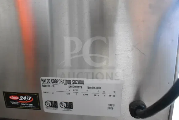 Hatco Corporation Suzhou label on stainless steel, showing model HW-FUL, serial number C709952118, and electrical specs.