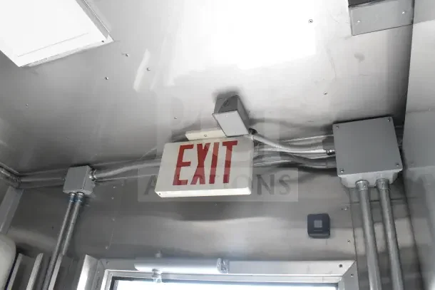 2021 Texino 8.5'x28' food trailer interior, showing Exit sign, wiring, and stainless steel ceiling; VIN 4B9T1EC36MM286017.