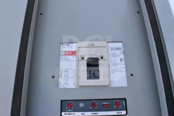 Eaton industrial circuit breaker panel in the Texino food trailer, KD 35k model, showing specifications and settings.