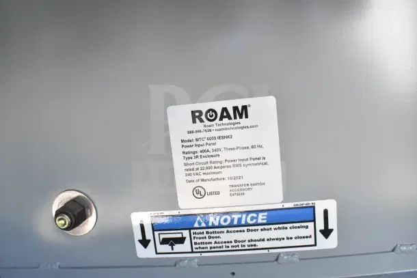 2021 Texino food trailer's ROAM Technologies power input panel label, model MTC 6003 IESHK2, 400A, 240V, manufactured 10/2021.