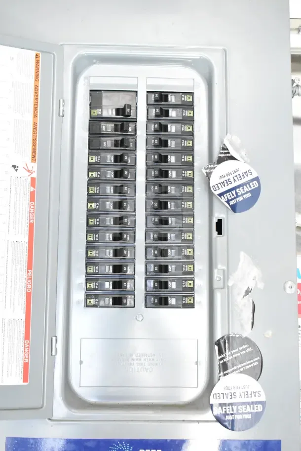 Electrical panel inside 2020 Diamond Cargo 24' Kitchen Trailer, showing circuit breakers and safety seal stickers.
