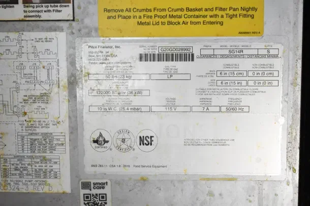 Label on Pitco fryer: Model SG14R, serial G20GD028992, 122,000 BTU/hr, 115V, 7A, NSF certified.