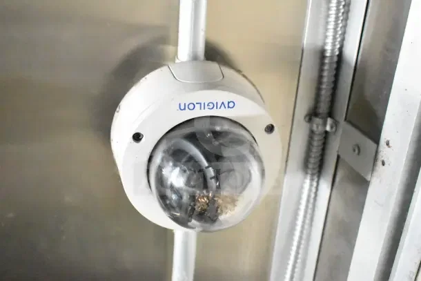 Surveillance camera inside the 2020 Diamond Cargo commercial kitchen trailer. Shows brand name on the casing.