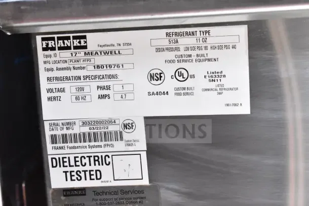 Label of Franke Meatwell refrigeration system, model details, specs, and certifications. Serial: 303220002064. NSF certified.