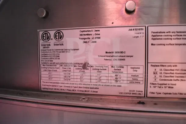 ETL and Intertek labels with specifications for CaptiveAire Systems exhaust hood, model 3650 BD-2.