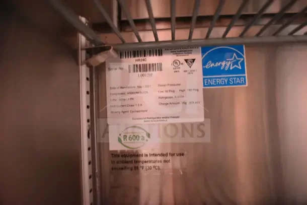 Label inside Hoshizaki refrigeration unit detailing specs: Energy Star certified, R-600a refrigerant, made in Guatemala.