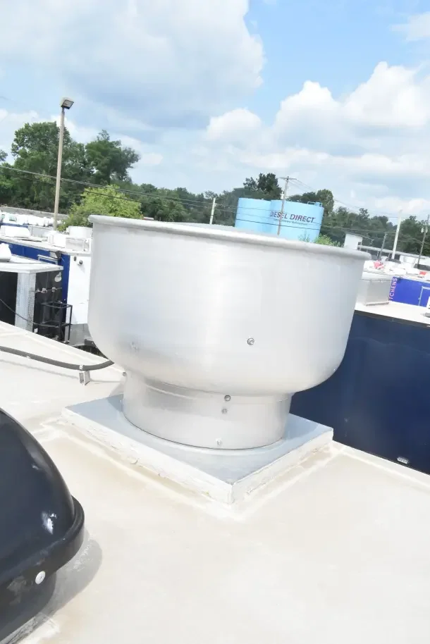 Rooftop vent of a 2021 Texino 8.5x28 cooking trailer, showcasing the CaptiveAire hood exterior, in new condition.