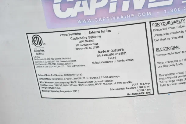 Label on CaptiveAire 3650 BD-2 Hood in Texino Cooking Trailer, detailing model, specifications, and safety instructions.